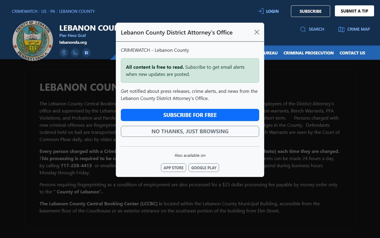 Lebanon County inmate records Central Booking processing information