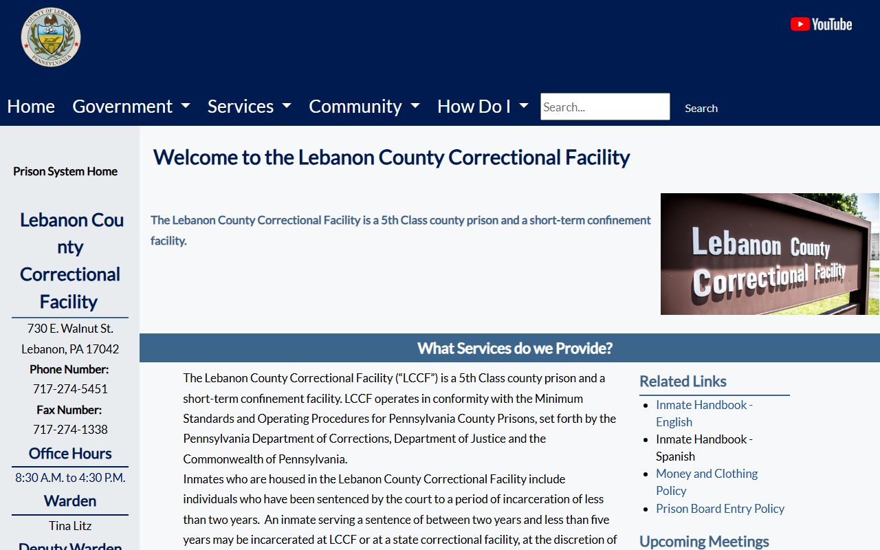 Lebanon County inmate population and correctional facility information on the county prison page